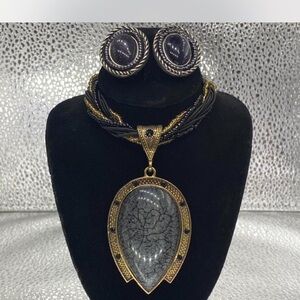 Designer ^^^ Robert Rose * GoldTone Black Marbled Pendant Necklace / Earring Set